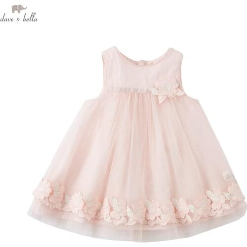 DBJ17246 dave bella summer baby girls cute floral appliques mesh dress children fashion party dress kids infant lolita clothes