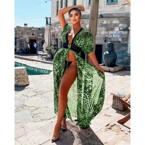 Chiffon Leopard Beach Dress Print Coverup Swimwear Beach Cover Up Caftan Dress Summer Beachwear Hollow Out Swimsuit Cover Up