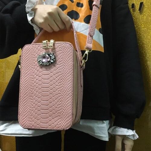 New Ladies Crystal Decoration Sling Bag Snake Skin Fashion Women PU Shoulder Handbag Bags 2020