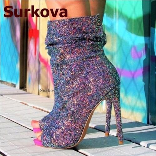 Surkova Purple Pink White Bling Bling Ankle Boots Thin High Heel Open Toe Sequined Glitter Dress Shoes Gladiator Short Booties