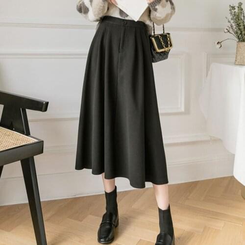 Clothes For Women Autumn Winter 2021 Korean Fashion Elastic Waist Elegant Vintage Midi Woolen Skirt Female Black Bottoms