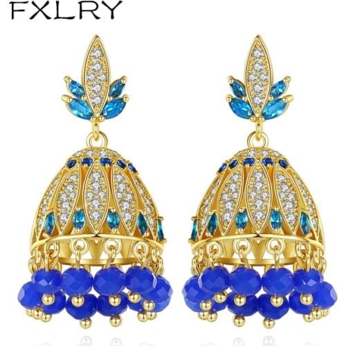 FXLRY Style Gold Color Big Drop Earrings for Women Wedding Party with AAA CZ Blue Beads Fashion Jewelry