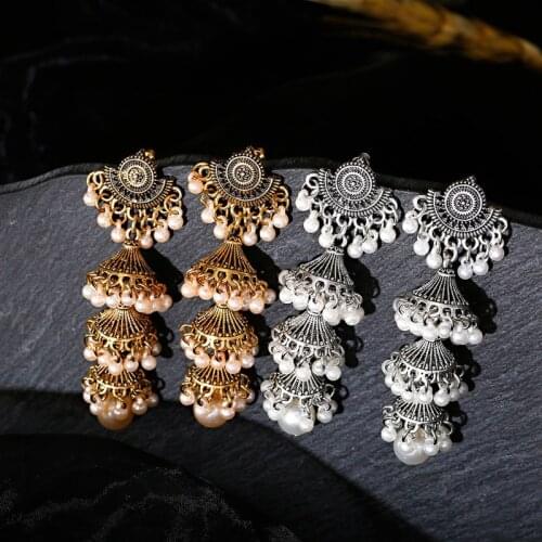 Retro Long Bell Statement Earrings Indian Jewelry For Women Vintage Boho Carved Pearl Wedding Earrings
