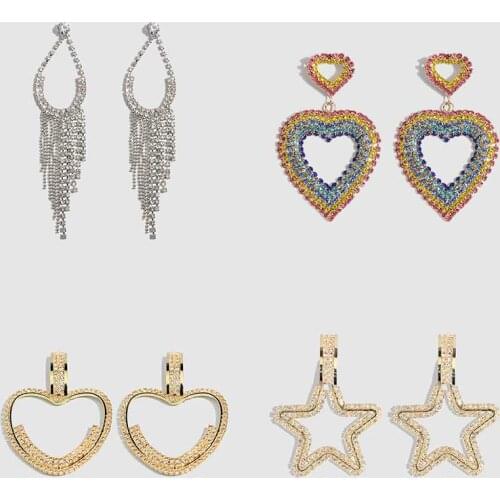 Flatfoosie Shiny Tassel Star Crystal Earrings For Women Korean Heart Round Wedding Hanging Long Dangle Drop Earring Maxi Jewelry