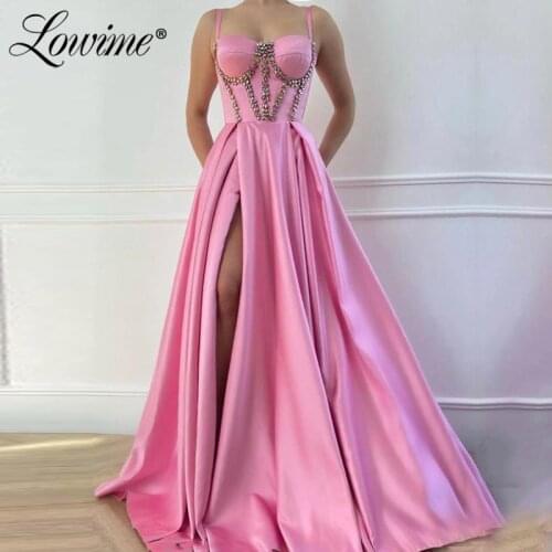 Pink Crystals Prom Dresses Long 2020 Custom Made Dubai Arabic Vestidos Robes Dresses Woman Party Night Formal Evening Gowns