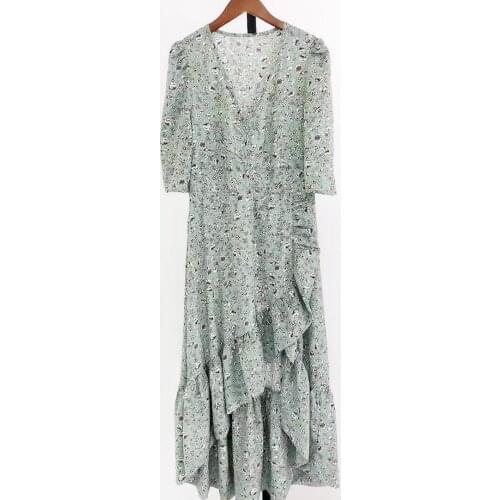 Women Dress 2021 Autumn New V-neck Irregular Long Floral Slimming Dress
