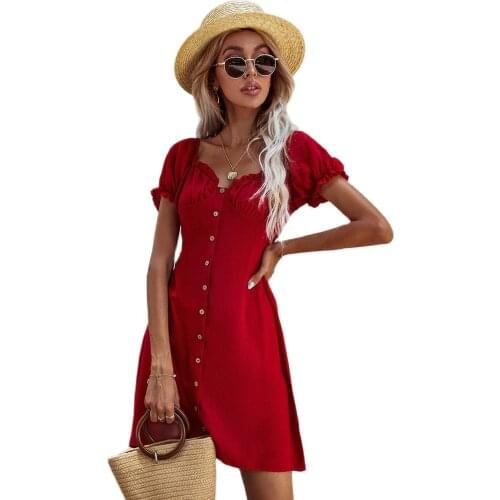 Summer Women Red Ruffled Puff Sleeve Party Dress Casual Slim Single Breasted Sexy Backless Square Collar High Waist Mini Vestido