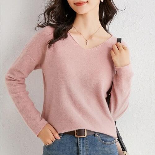 100% pure V-neck sweater women fall/winter pullover loose outer wear ripple drop shoulder knit bottoming shirt
