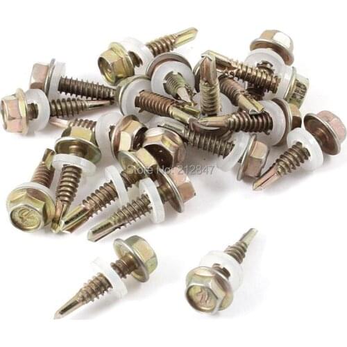 20 Pcs Bronze Tone Hex Head 5mmx22mm Thread Self Drilling Tapping Screw Fastener w Rubber Washer