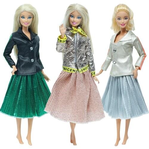 3 Sets Fashion Cool Leather Coat + Pleated Long Skirt Casual Wear Clothes Accessories for Barbie Doll Girls Toy
