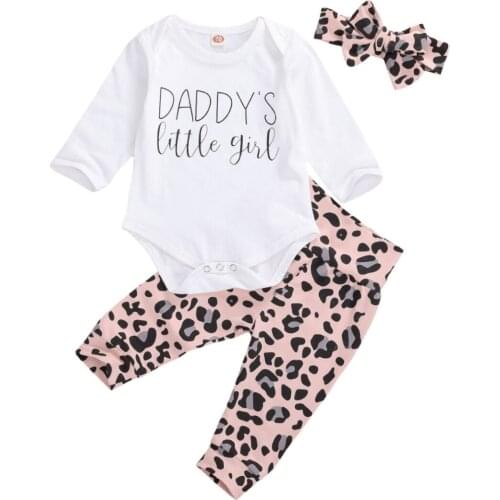 Infant Baby Girls 3Pcs Clothes Sets, Letter Printed Romper Shirt Top + Leopard Pant + Bow Headband, Fashion Newborn Outfits