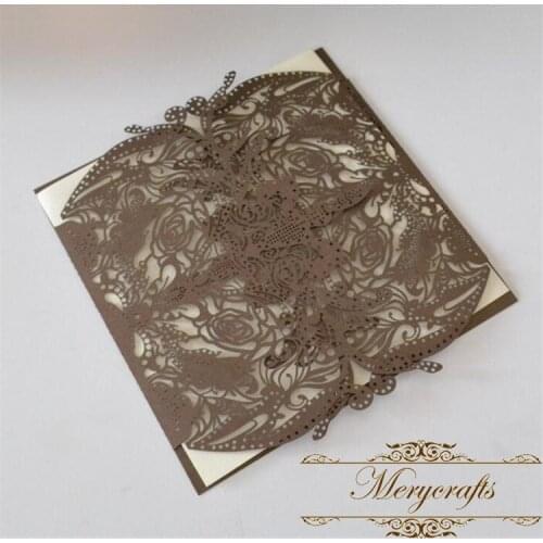 Noble gorgeous lace gatefold brown pearl color laser cut wedding invitation card