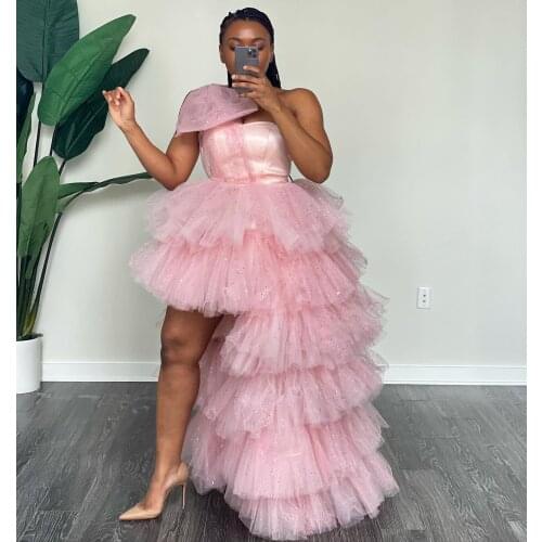 Sequins Shiny Pink Women Tulle Dresses One Shoulder Puffy Ruffles Tiered Birthday Dress For Photo Shoot Hi Low Dress For Party