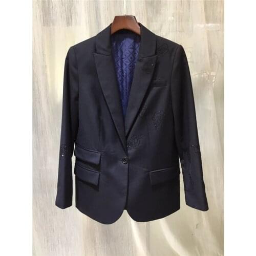 Single Button WOman Blazer BACK leaf Shawl Collar Long Sleeves Pockets Slit back Fashion Suit Rhinestone detail