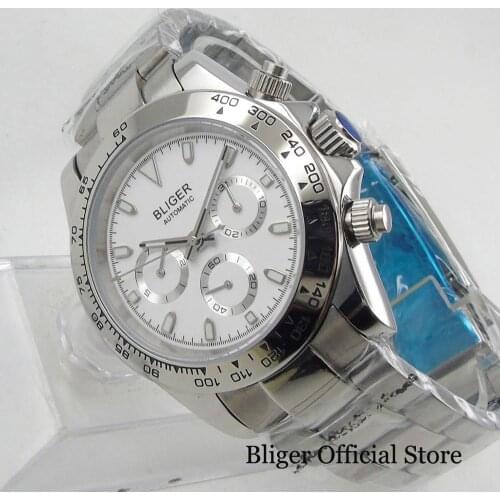 BLIGER Luxury 40mm White Dial Stainless Steel Bracelet Auto Date and Weekday Indicator
