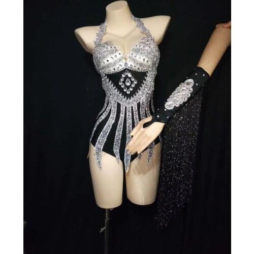 Nightclub Party Pole Dance Bodysuit Women Elastic Mesh Perspective Bodysuit Tassel Rhinestone Leotard Singer Sexy Stage Wear