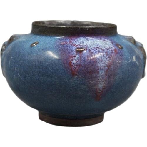 Songjun kiln decorative carving beast ear incense stove household decoration porcelain collection of hand-made porcelain