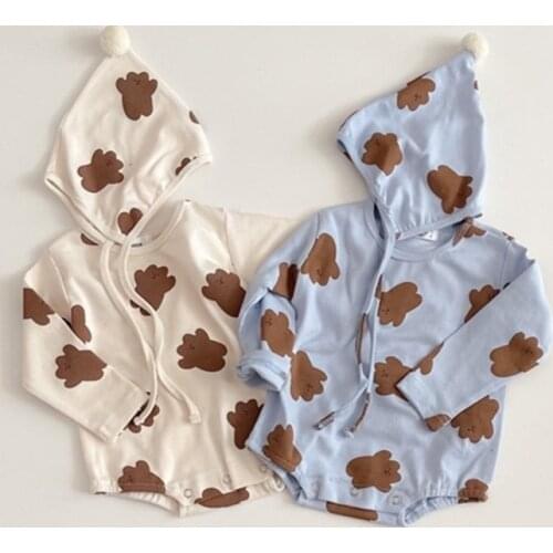 8391 Baby Longsleeve Romper With Hat 6m Newborn Korean Ins Style Autumn Cartoon Cub Baby Hat Suit Triangle Climbing Suit