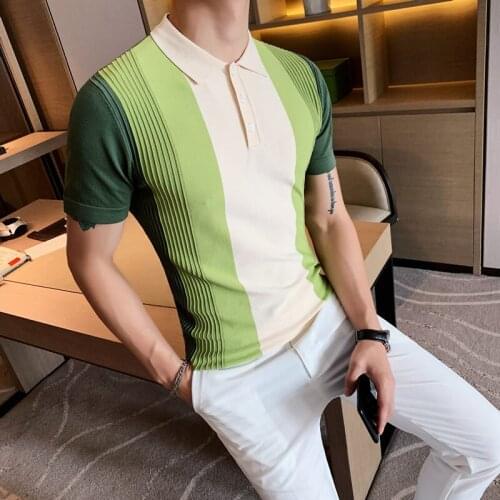 Mens Knitted Polo Shirt Short-sleeved Tops Male Casual Striped Turn Down Collar Polo Shirts Gradual Change Color Polo Shirt B36