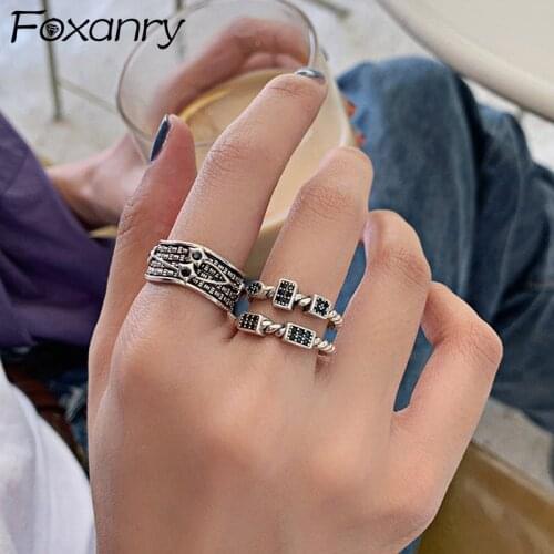 Foxanry 925 Sterling Silver Hiphop Rings New Fashion Vintage Handmade Irregular Pattern Party Jewelry Gifts for Women Couples