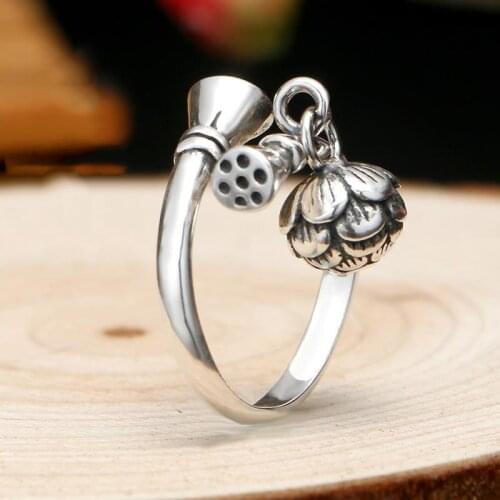 Lotus bell S silver retro Korean version of the hipster exaggerated charm open buckle adjustable womens ring