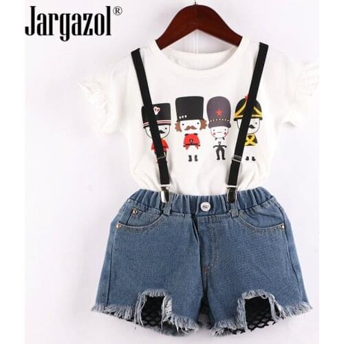 Girls Clothes Set Soldier Printed White Shirt And Jeans Shorts Overall Clothing Suit Summer Fashion Outfits Baby Kids Clothes