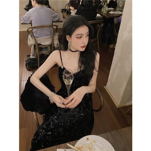 Light luxury annual meeting suspender small black skirt slim black velvet bottom dress date dinner party skirt