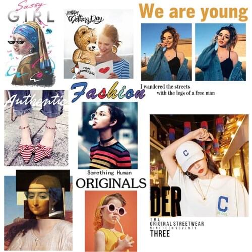 Fashion Beautiful Girl Iron-On Transfers For Clothing DIY Thermo-stickers On Clothes Heat Transfer Patch Stripes On Women Dress