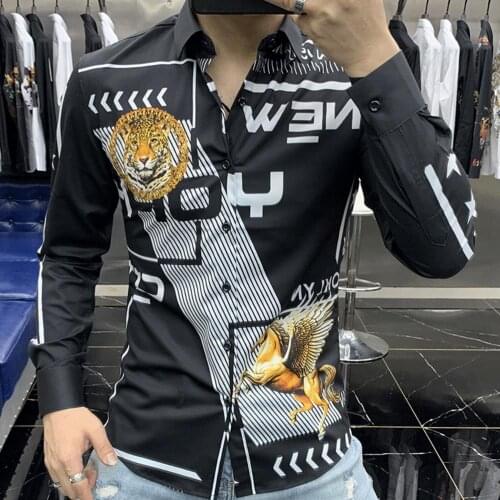2021 High-end men shirt Pegasus Leopard Badge Printed Long Sleeve Shirt with Polyester Spandex Material and Turn Down Collar