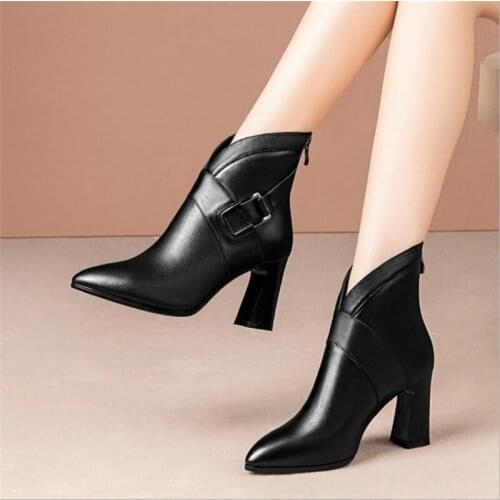 Newest Microfiber Leather Short Boots Female Ankle Boot Womens Shoes British Style Pointed Toe Buckle Square Heel Footware Hot