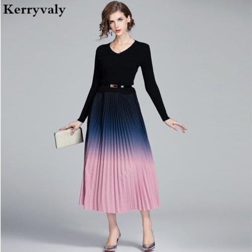 New Elegant Women V-neck Knitted Pleated Dress Vestidos Invierno 2021 Mujer Large Pendulum Midi Party Dress Dames Jurken K6583