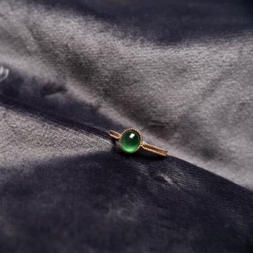 Original designer natural green chalcedony oval bead opening adjustable ring Chinese retro charm brand silver jewelry