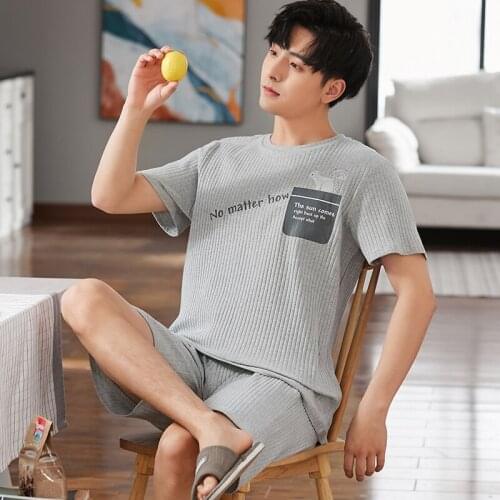 Summer New Mens Fashion Plus Size Pajamas Set Cotton Short Sleeve Shorts Homewear Simple Korean Gray Letter Printing Sleepwear