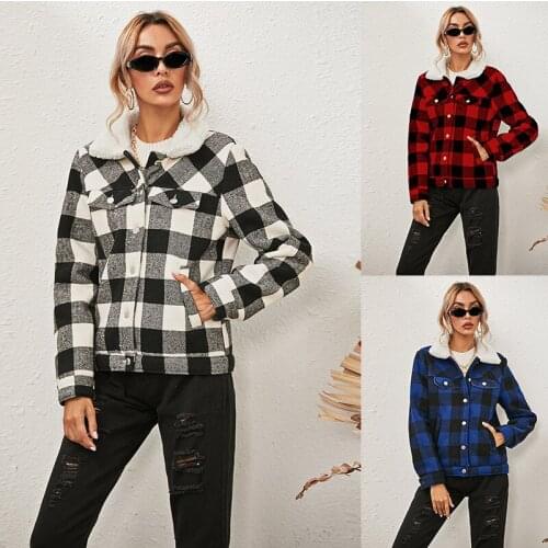 Casual Women Winter Spring Plaid Jacket Adults Warm Thick Long Sleeve Coat Lapel Button Down Outerwear Pockets Streetwear