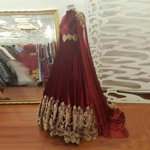Eightae Burgundy Evening Dress High Neck caftan Appliques Gold Lace African Velvet Arabic Morocco Kaftan Muslim Prom Party Gown