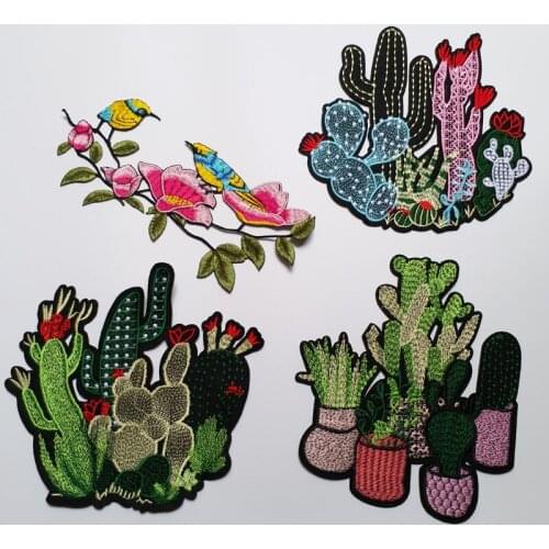 High quality birds patches for clothing 3D cactus embroidered Patches DIY iron on flowers parches Embroidery applique plants