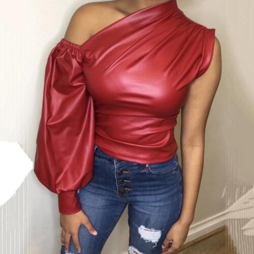 Burgundy PU Leather Blouse For Women Plus Size One Shoulder Lantern Sleeve Elegant Evening Night Party Fashion Tops Skirts Hot