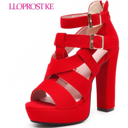 Lloprsot ke 2019 Ankle Strap Cross Tied Design High Heel Sandals Women Party Wedding Ladies Platform Shoes Summer Black Red H171