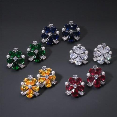 Trendy Girls Hollow Snowflake Flower Pearl Cubc Zircon Silver Colour Earrings Jewelry for Woman