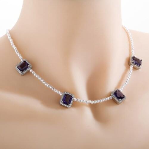 2021 New 3mm Vintage White Pearl Choker Necklace With Blue/Silver Gemstone For Women Bead Statement Necklace