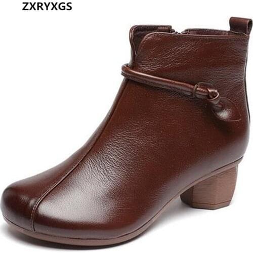 ZXRYXGS 100% Full Genuine Leather Boots Women Boots 2021 New Autumn Fashion Boots Single Thick Heel Comfort Elegant Martin Boots