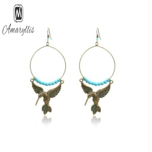 Amaiyllis Vinatge Brass Eagle Dangle Earrings For Women Ethnic Indian Pendant Drop Earrings Chunky Round Beads Earrings Brincos