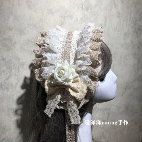Beige Series Lolita Girl Bow Lace Rose Hairband Handmade Japanese Retro Embroidery Elegant Princess Headband Hair Accessories