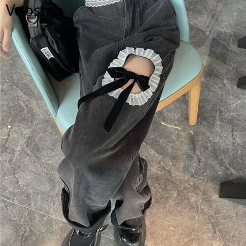Gothic High Waist Denim Pants Women Chic Ruffles Lace-Up Broken Hole Wide Leg Pants Jeans Female Harajuku Y2K Straight Trousers