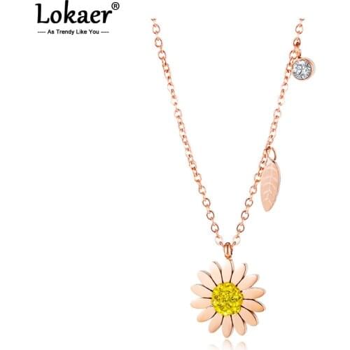 Lokaer Trendy Stainless Steel Delicate Small Daisy Pendant Necklace Rose Gold CZ Crystal Charm Choker Necklace For Women N17090