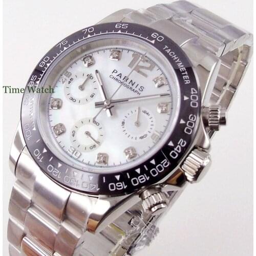 39mm Parnis Quartz Watch For Men Ceramic Bezel Insert Sapphire Glass Full Chronograph White Dial Shell Material Luxury Polished