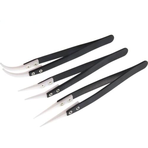 Black-White Ceramic Tweezers Straight/Curved Ceramic Tip Anti Static Stainless Steel Handle Insulated Industrial Tweezers