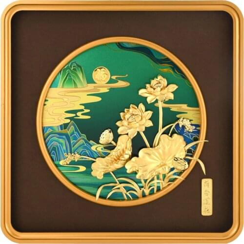Chinese Lotus Decorative Painting Gold Foil Handicraft Wall Painting For Living Room Business Gift Home Decor With Frame Mirrors