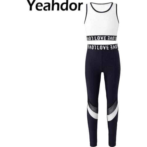 Kids Girls Summer Sport Suit Sportswear Racer Back Letters Print Patchwork Crop Vest and Pants Set for Running Gym Workout