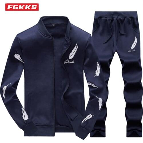 FGKKS Autumn Casual Tracksuits Set Men Fashion Leaves Printed Polyester Sweatjacket+Sweatpant Male Sportswear Sets